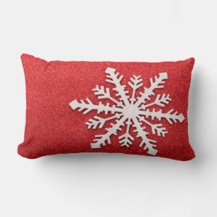 Decorative Christmas Red Glitter Snowflake Holiday Lumbar Cushion