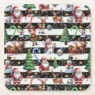 Decorative Christmas Stripes Pattern Design Square Paper Coaster