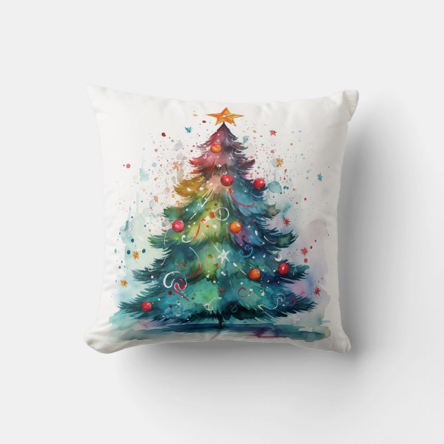 Decorative Christmas Watercolor Tree Black Cushion (Front)