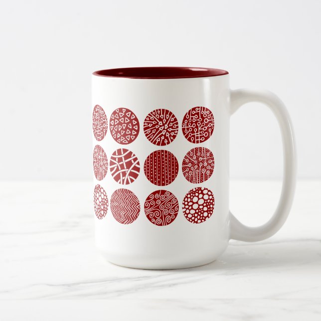 Decorative Circles - Ruby Red and White Two-Tone Coffee Mug (Right)