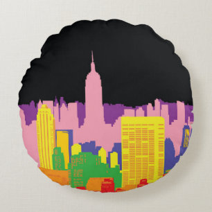 Decorative city skyline background urban buildings round cushion