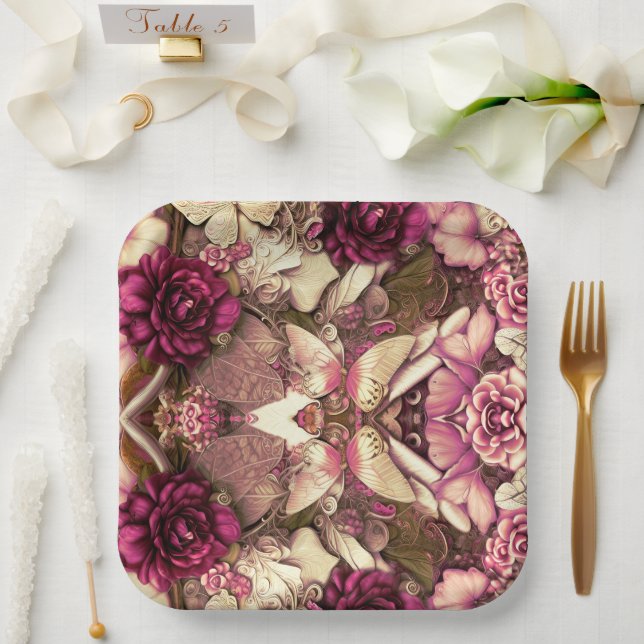 Decorative Collage Butterflies And Roses Paper Plate (Wedding)