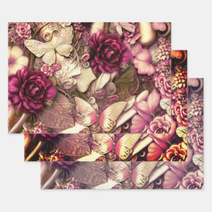 Decorative Collage Butterflies And Roses  Wrapping Paper Sheet