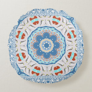Decorative colorful ornament on white background, round cushion