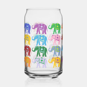 Decorative Colourful Elephants Pattern Can Glass