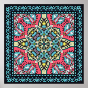 Decorative colourful ornament on a black backgroun poster