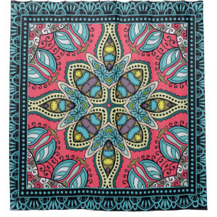 Decorative colourful ornament on a black backgroun shower curtain