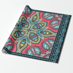 Decorative colourful ornament on a black backgroun wrapping paper