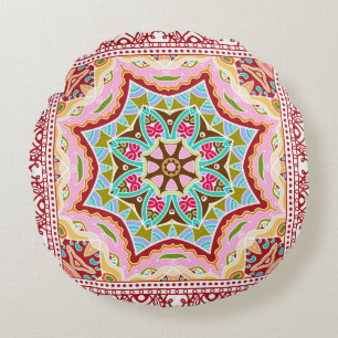 Decorative colourful ornament on white background, round cushion