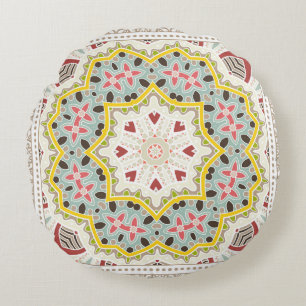 Decorative colourful ornament on white background, round cushion