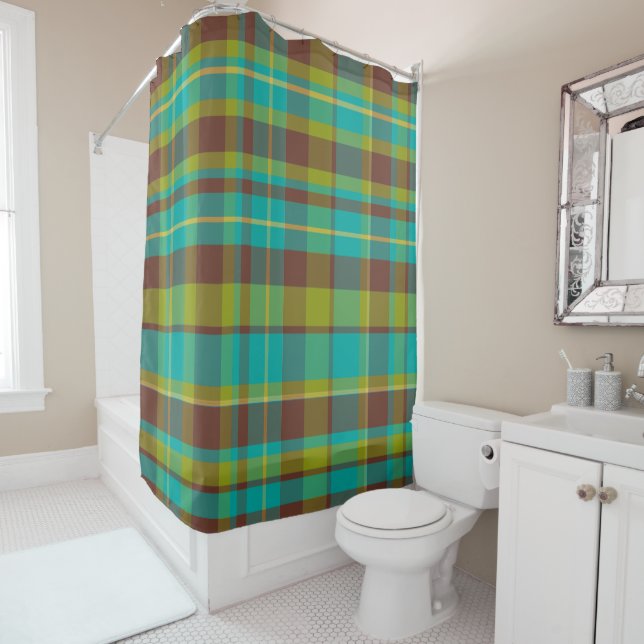 Decorative Colourful Retro Plaid Boho Chic Shower Curtain (In Situ)