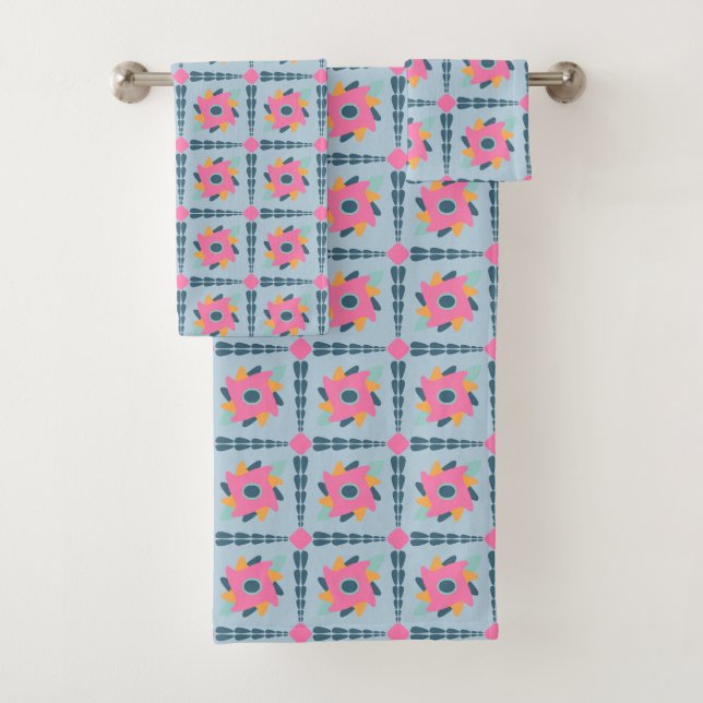 Decorative colourful tile bath towel set (Insitu)
