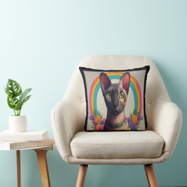 Decorative Cornish Rex Cat Colourful Floral Border Cushion (Chair)