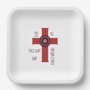 Decorative Cross Give Us This Day Text White Paper Plate