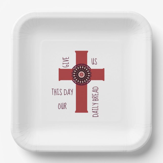 Decorative Cross Give Us This Day Text White Paper Plate (Front)