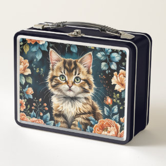 Decorative cushion kitten and vintage flowers metal lunch box
