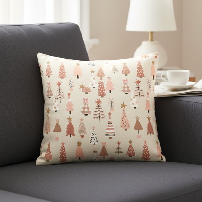 Decorative Cushion Pink Scandinavian Christmas Sap (coussin décoratif sapins de noël scandinave roses)