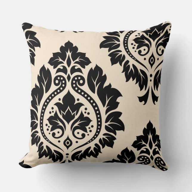 Decorative Damask Art I – Black on Cream Cushion (Front)