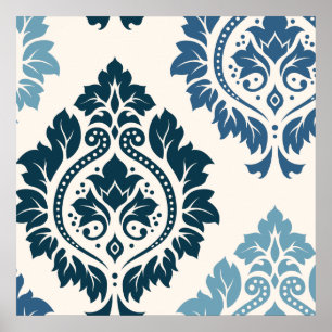 Decorative Damask Art I Blues on Cream Poster