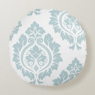 Decorative Damask Art I Duck Egg Blue on White Round Cushion