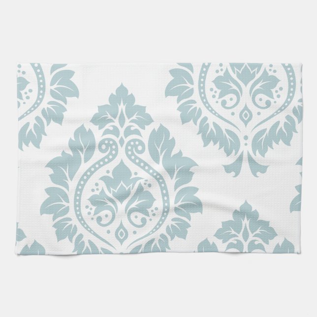 Decorative Damask Art I Duck Egg Blue on White Tea Towel (Horizontal)