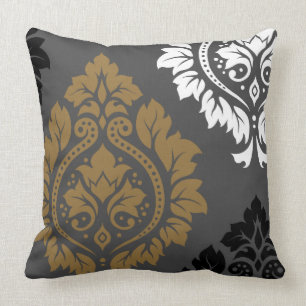 Decorative Damask Art I Gold Black White on Grey Cushion