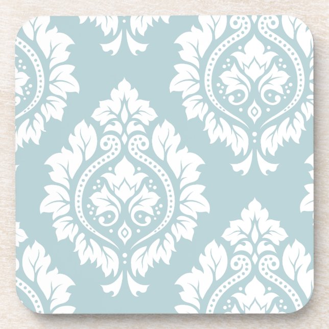 Decorative Damask Art I White on Duck Egg Blue Coaster (Front)