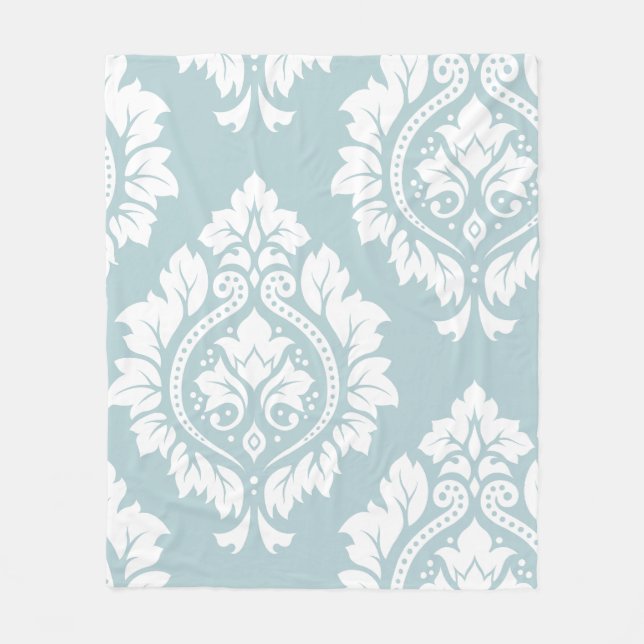 Decorative Damask Art I White on Duck Egg Blue Fleece Blanket (Front)