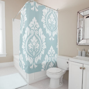 Decorative Damask Art I White on Duck Egg Blue Shower Curtain