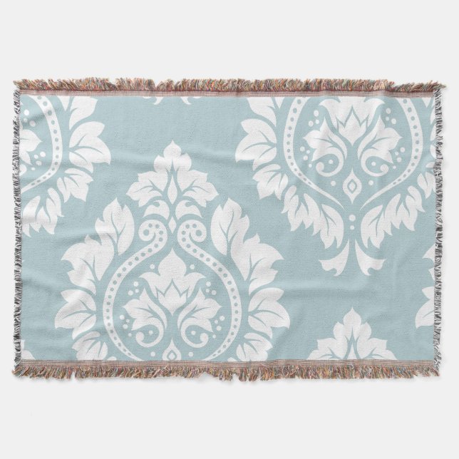 Decorative Damask Art I White on Duck Egg Blue Throw Blanket (Front)