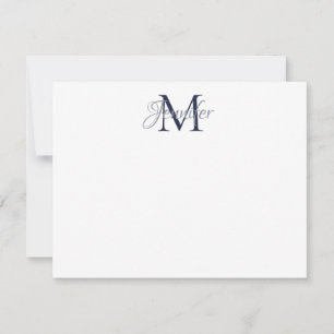 Decorative Damask Midnight Blue and Grey Monogram Card