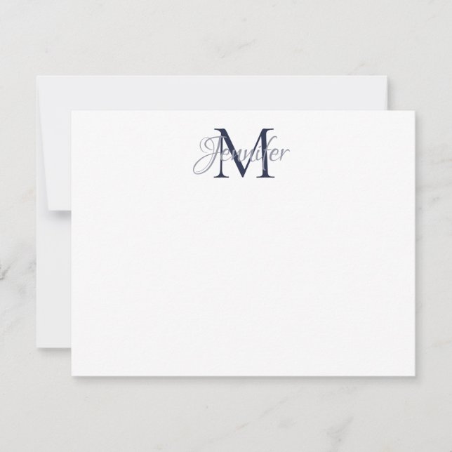Decorative Damask Midnight Blue and Grey Monogram Card (Front)