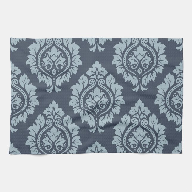 Decorative Damask Pattern Light on Dark Blue-Grey Tea Towel (Horizontal)
