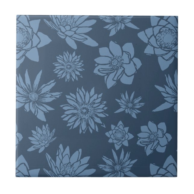 Decorative Dark Blue Floral Pattern Tile (Front)