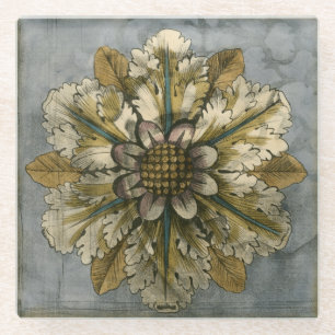 Decorative Demask Rosette on Grey Background Glass Coaster