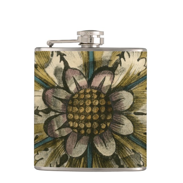 Decorative Demask Rosette on Grey Background Hip Flask (Front)