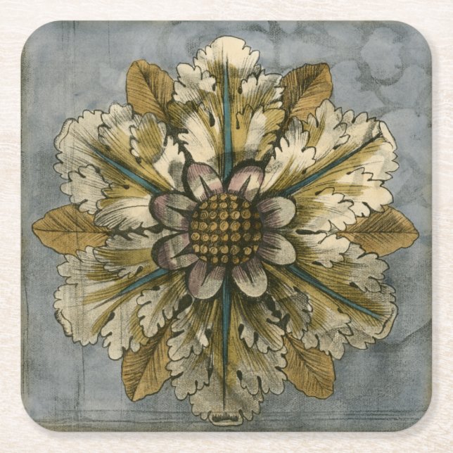 Decorative Demask Rosette on Grey Background Square Paper Coaster (Front)