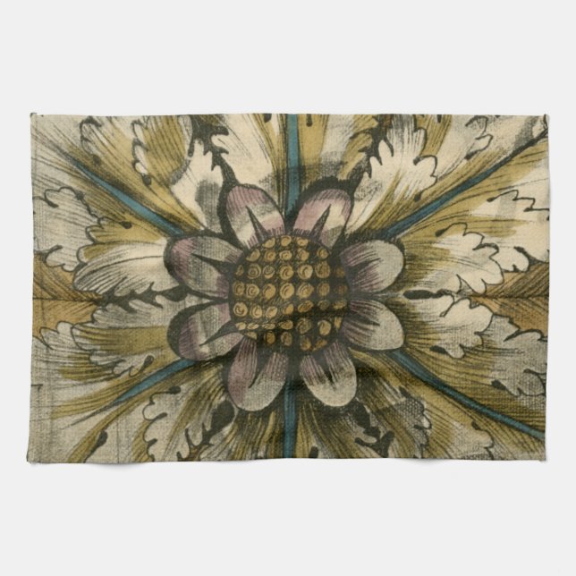 Decorative Demask Rosette on Grey Background Tea Towel (Horizontal)