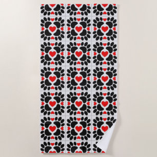 Decorative Dog Paw Prints And Red Hearts Tiles Beach Towel