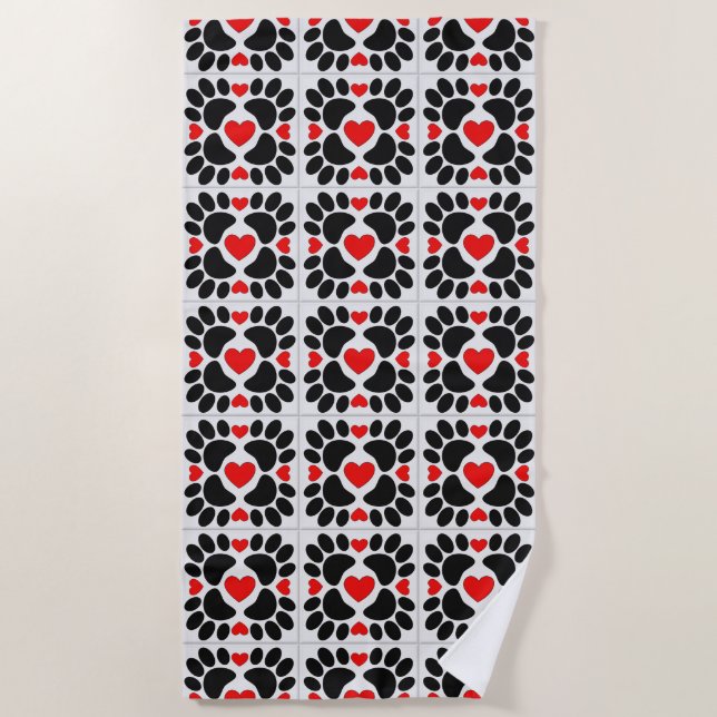 Decorative Dog Paw Prints And Red Hearts Tiles Beach Towel (Front)