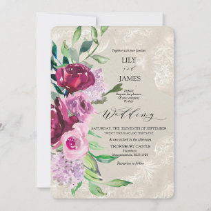 Decorative Dove Grey with Wine and Pink roses Invitation
