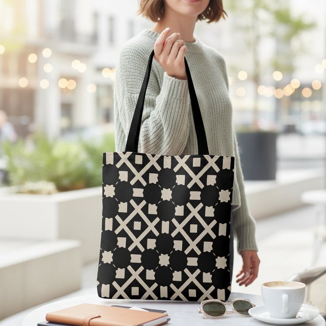 Decorative Elegant Black & Beige Geometric Pattern Tote Bag (Creator Uploaded)