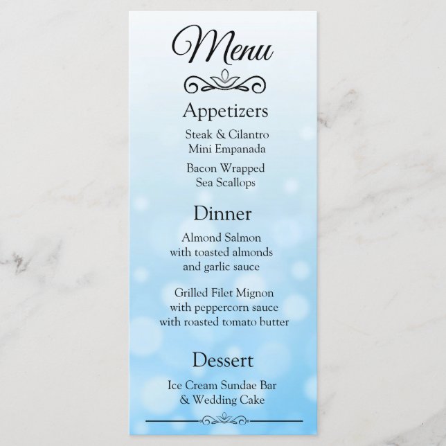 Decorative Elegant Blue Bokeh Wedding Menu Card (Front)