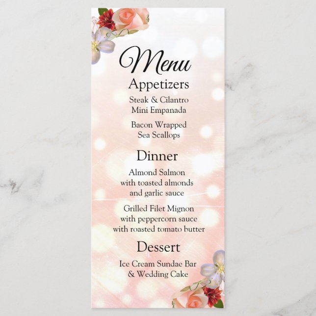 Decorative Elegant Coral Bouquet Wedding Menu Card (Front)