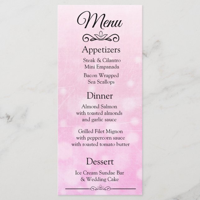 Decorative Elegant Pink Bokeh Wedding Menu Card (Front)