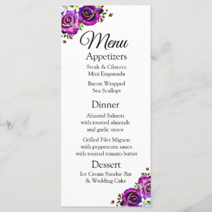 Decorative Elegant Purple Roses Wedding Menu Card