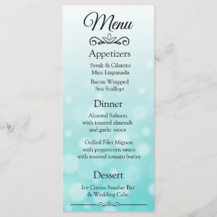 Decorative Elegant Teal Bokeh Wedding Menu Card