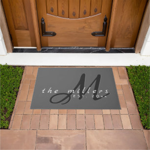 Decorative Family Name & Monogram Script Grey Doormat