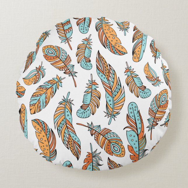 Decorative feathers seamless pattern. Hand drawn v Round Cushion (Front)