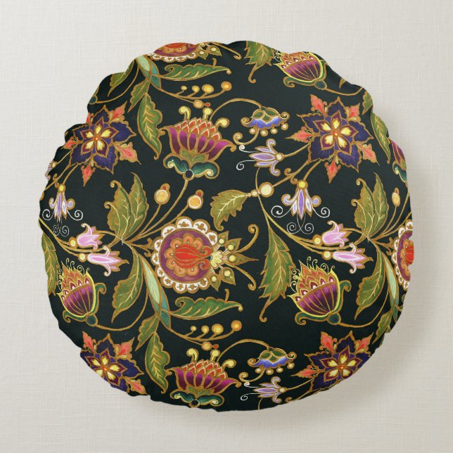 Decorative Floral: Acrylic Golden Purple. Round Cushion (Front)
